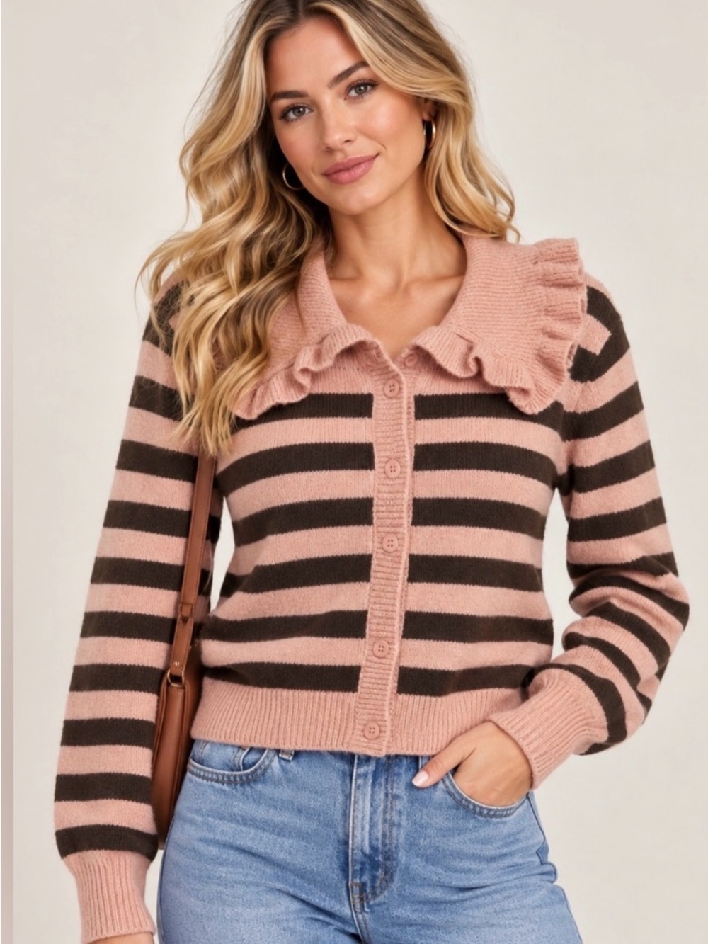 Anthropologie Maeve Pink and Brown Striped Ruffle-Collar Cardigan
